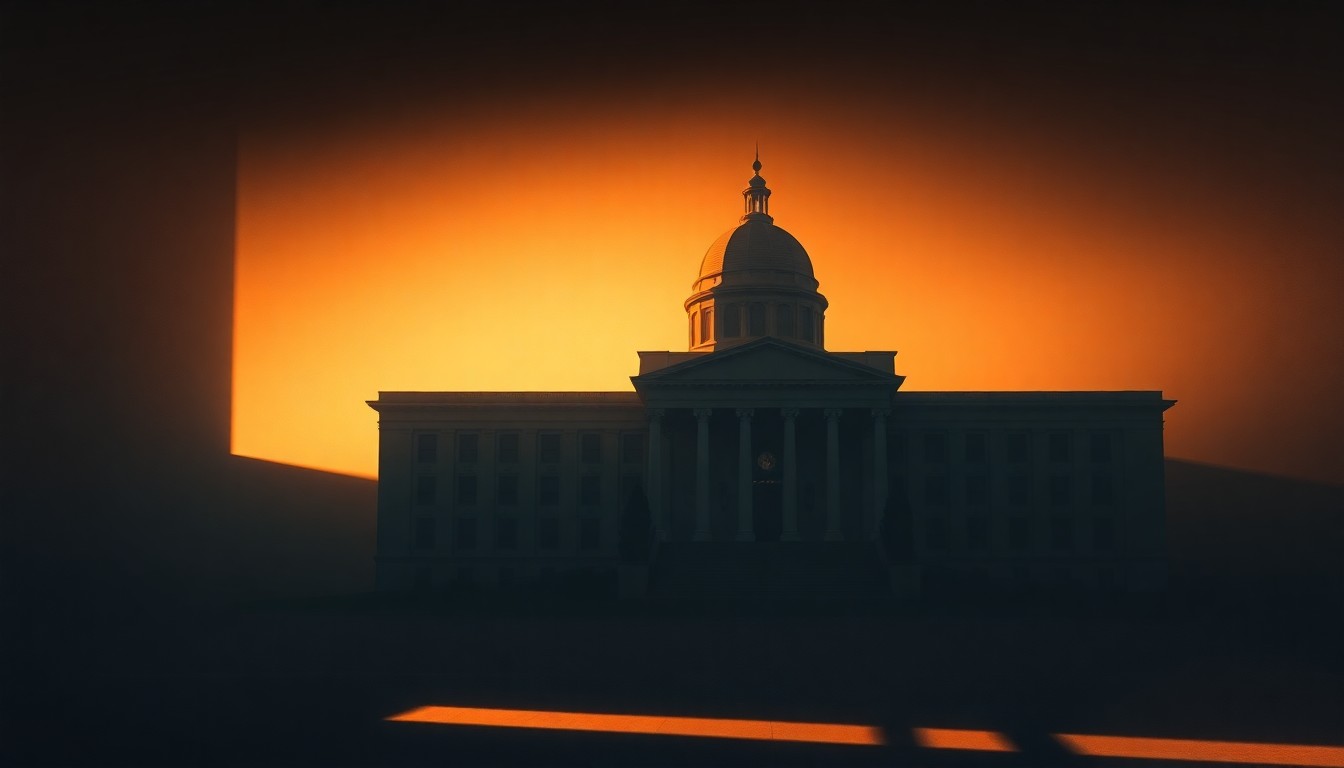 A dimly lit, cinematic painting of a government office building or administrative space, with warm sunlight streaming through the windows and deep shadows across the facade, conveying a sense of quiet contemplation and the tension between public access and institutional opacity.