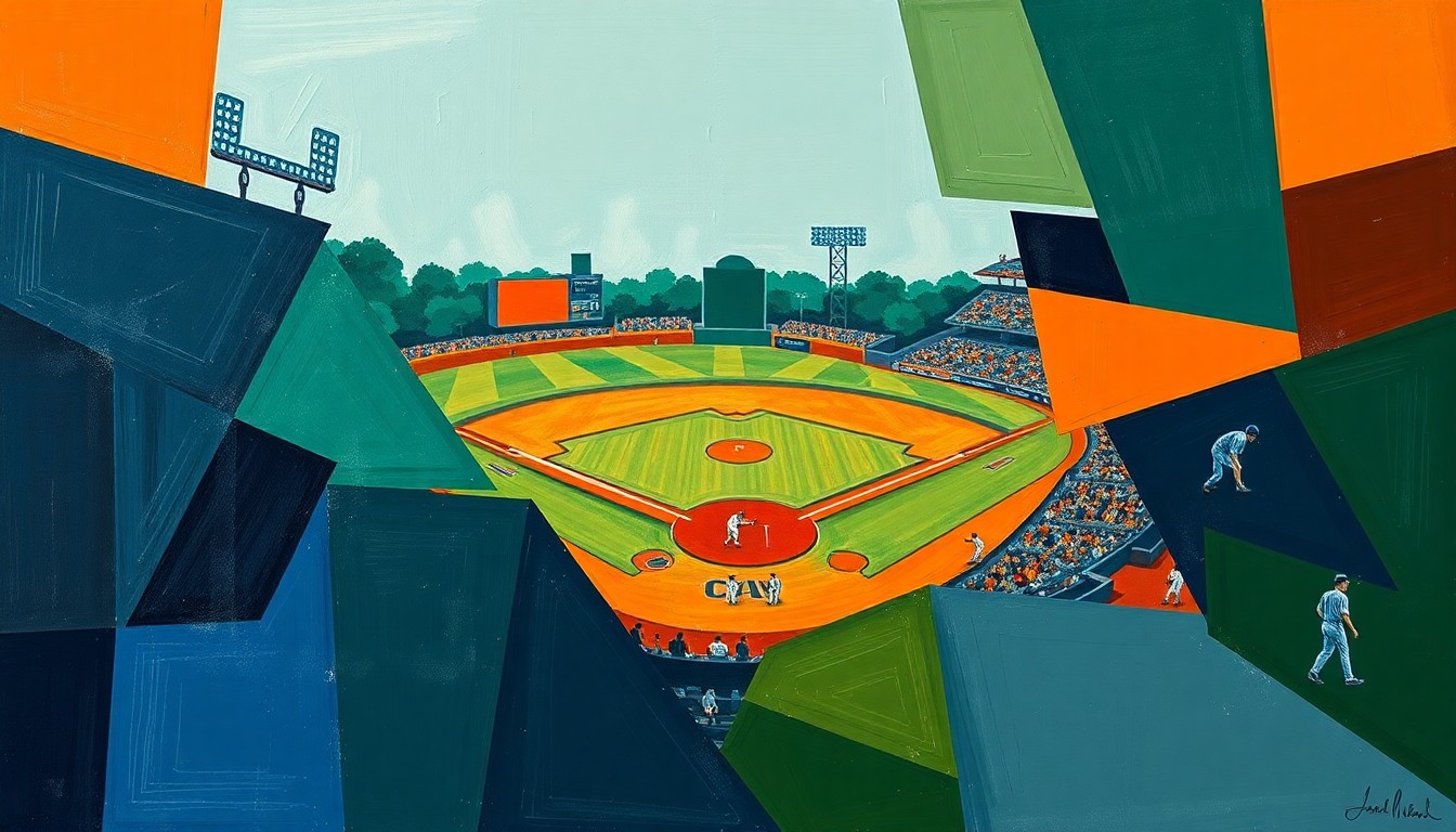 A fragmented, geometric painting depicting a baseball game, with players and the field broken down into sharp, overlapping shapes in a palette of navy, green, and orange, conveying the raw excitement of the Rays' homecoming victory.