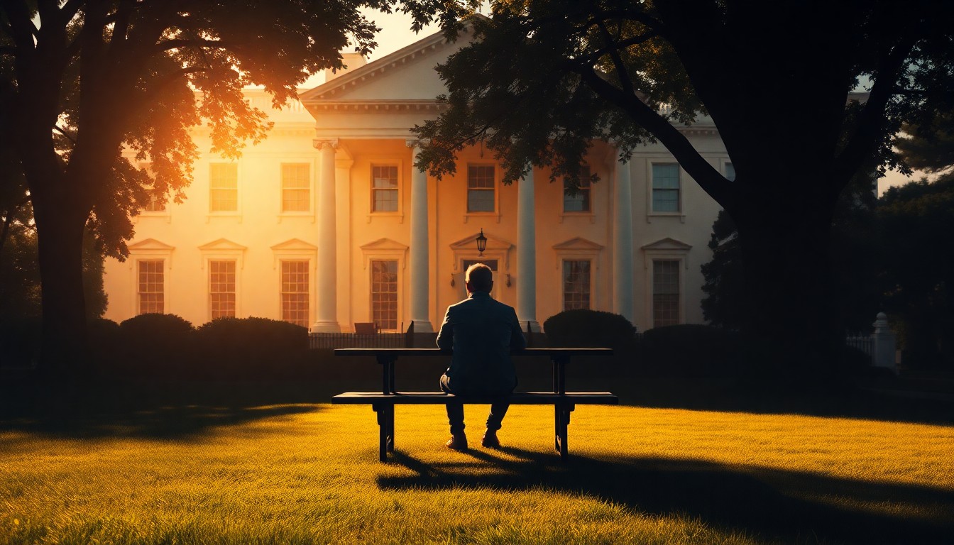 A serene, cinematic painting of a solitary figure sitting at a picnic table on the White House lawn, bathed in warm, diagonal sunlight with deep shadows, conceptually representing the politicization of a family-focused event.