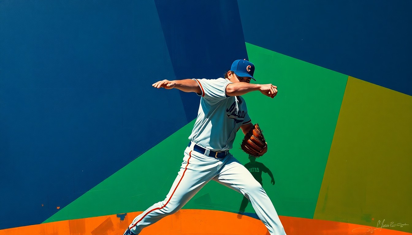 A fragmented, geometric painting depicting a baseball pitcher's motion broken down into sharp, overlapping planes of navy, green, and orange, conceptually representing the injuries impacting the Cubs' starting rotation.