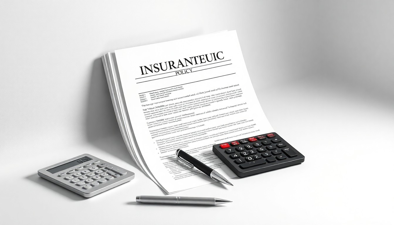 A minimalist studio still life photograph featuring a stack of insurance policy documents, a pen, and a calculator arranged on a clean, white background, symbolizing the abstract concepts of corporate strategy, finance, and risk management.