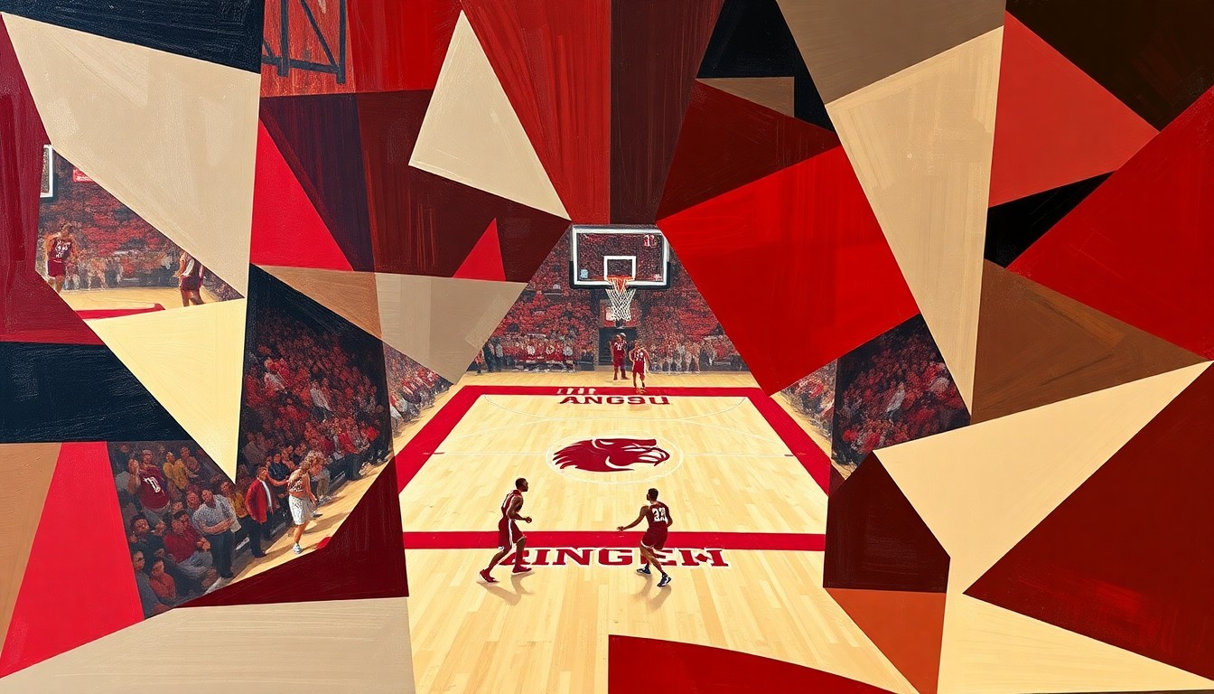 A cubist-style painting featuring overlapping geometric shapes in crimson and cream, representing the dynamic action and multiple perspectives of a college basketball game.