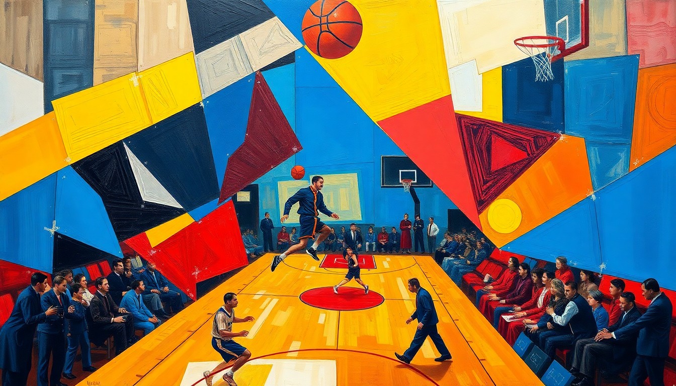 A dynamic, geometric painting in bold colors depicting the abstract shapes and angles of a basketball game, conveying the conceptual idea of injury recovery and team progress.