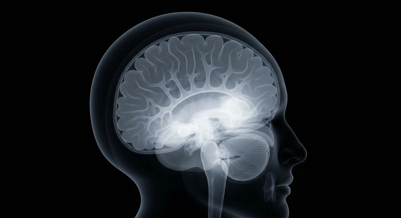 A ghostly, translucent X-ray image revealing the intricate internal structures of a human brain, conceptually representing the complex neurological systems that digital health platforms are working to better understand and organize.