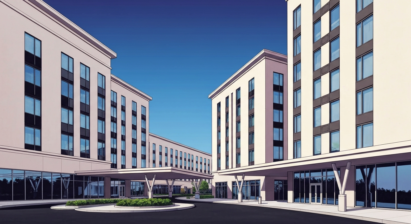 A highly stylized, geometric illustration depicting the exterior of the Virginia Guesthouse Hotel & Conference Center, with sweeping lines, bold gradients, and a sense of grand scale and architectural elegance.