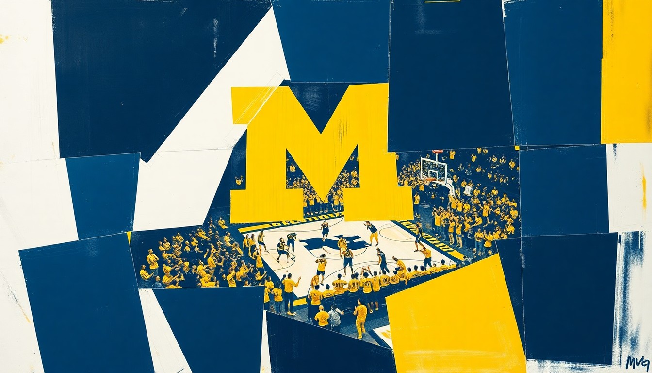 A cubist, geometric painting depicting a fragmented, multi-angled scene of a Michigan Wolverines basketball game or championship celebration, using sharp planes of maize yellow, navy blue, and white to capture the raw energy and excitement of the moment.