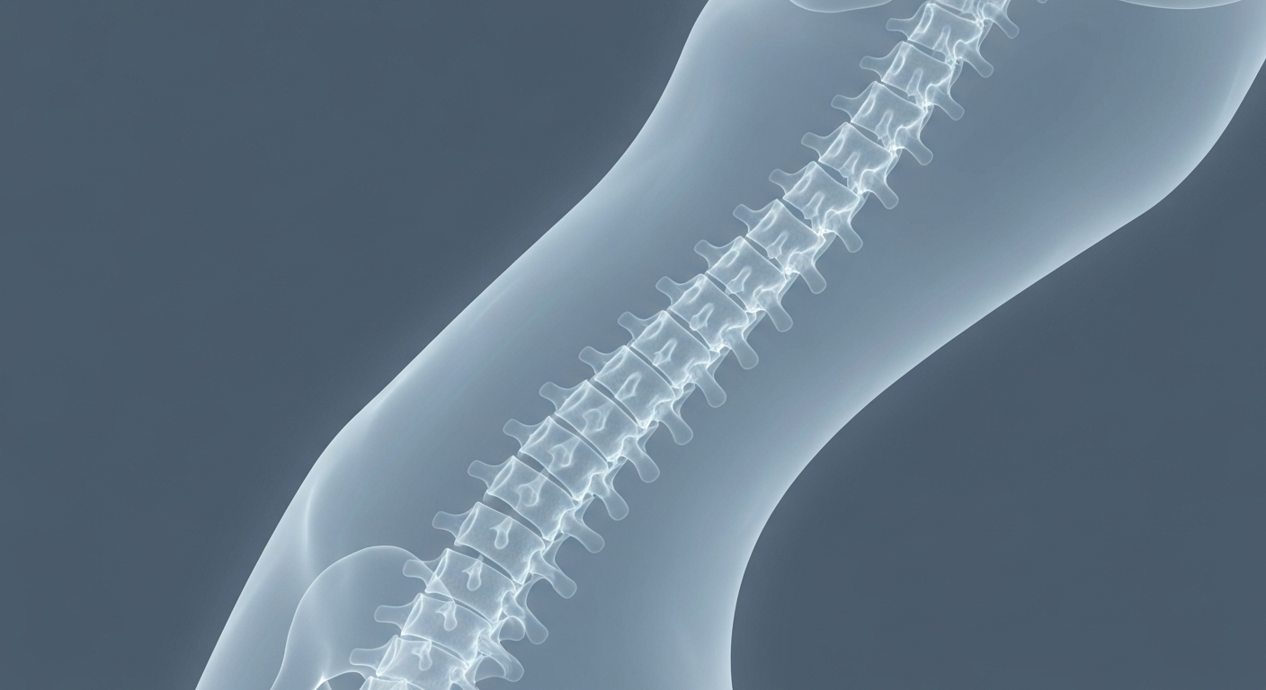 A ghostly, translucent X-ray photograph revealing the delicate structure of the human spine in a calming blue-gray color palette, conceptually representing the clinical yet holistic nature of chiropractic treatment.