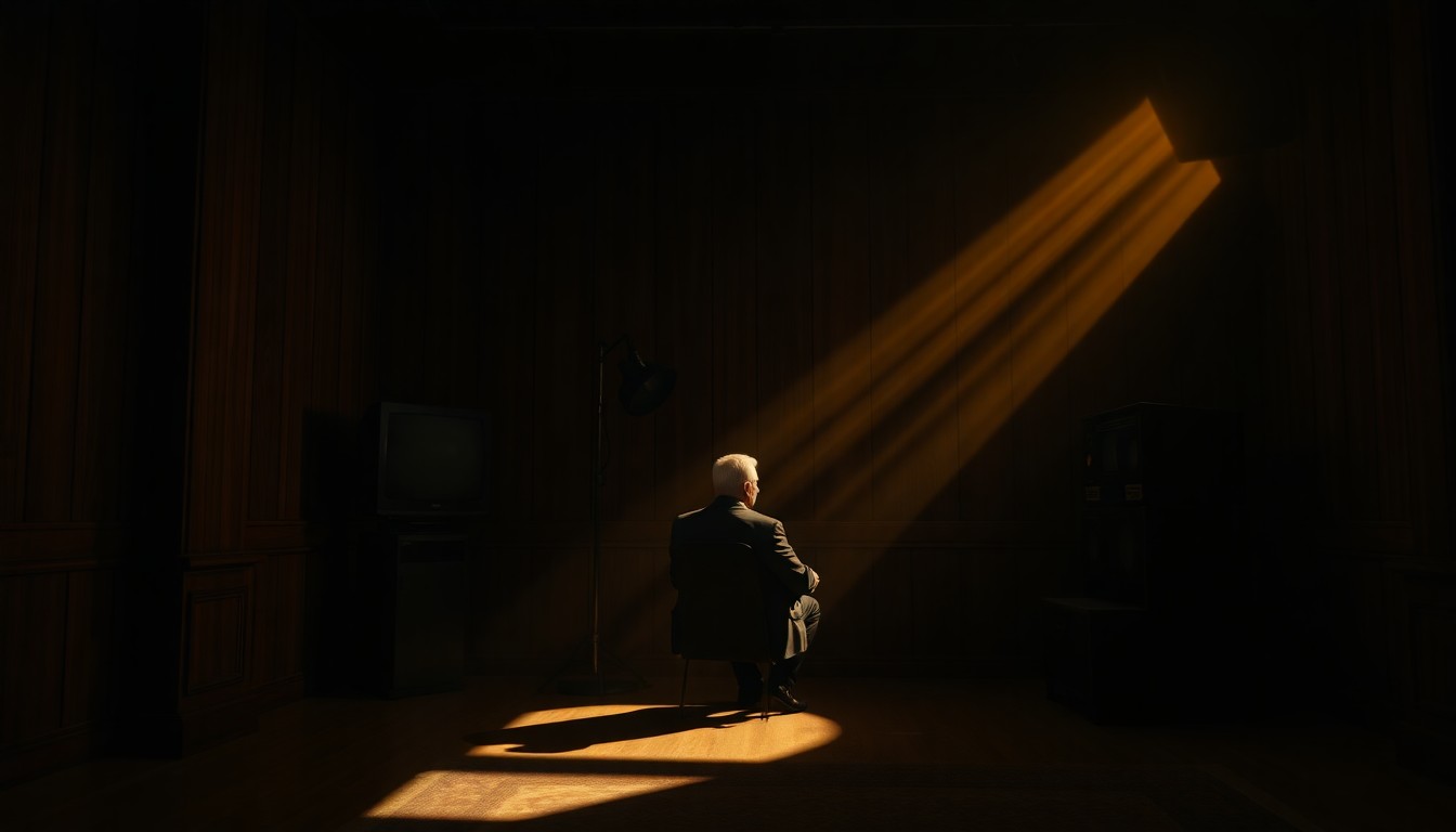 A moody, cinematic painting of a lone politician sitting in a television studio, the warm light and deep shadows creating a contemplative, nostalgic atmosphere.