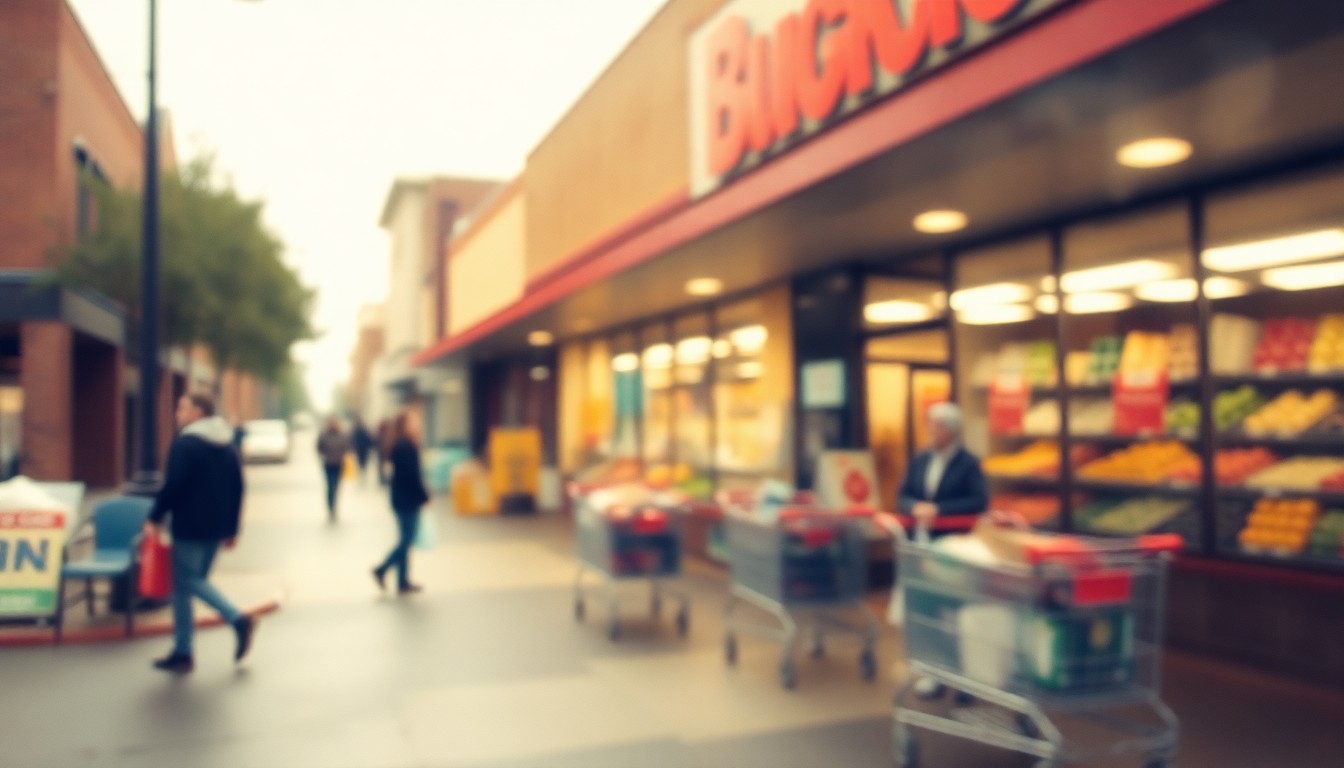An extremely abstracted, out-of-focus photograph in warm hues depicting the blurred silhouettes of shoppers and grocery carts in front of a classic American main street storefront, conceptually representing the enduring legacy of a beloved local grocer.