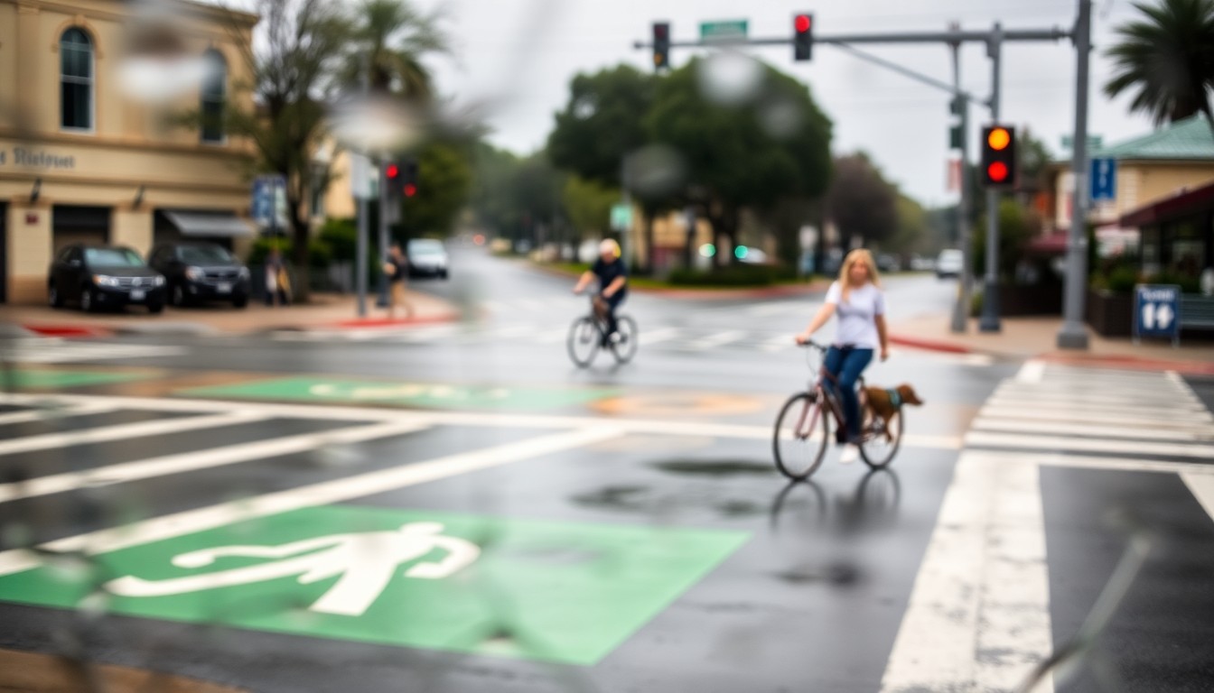 An abstract, impressionistic photograph showing the intersection of two streets in Santa Cruz, with vibrant green markings on the pavement guiding people towards a nearby trail in the background.
