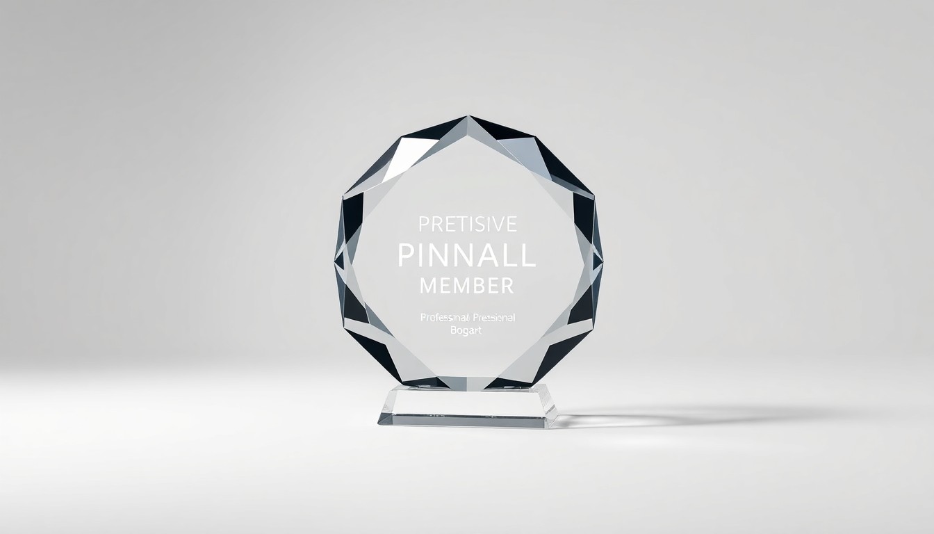 A high-end, photorealistic studio still-life photograph featuring a polished, geometric glass paperweight or sculpture in the center, representing the prestigious Pinnacle Professional Member award. The paperweight is placed on a clean, monochromatic white background, using dramatic studio lighting and deep shadows to convey a sense of prestige and accomplishment.