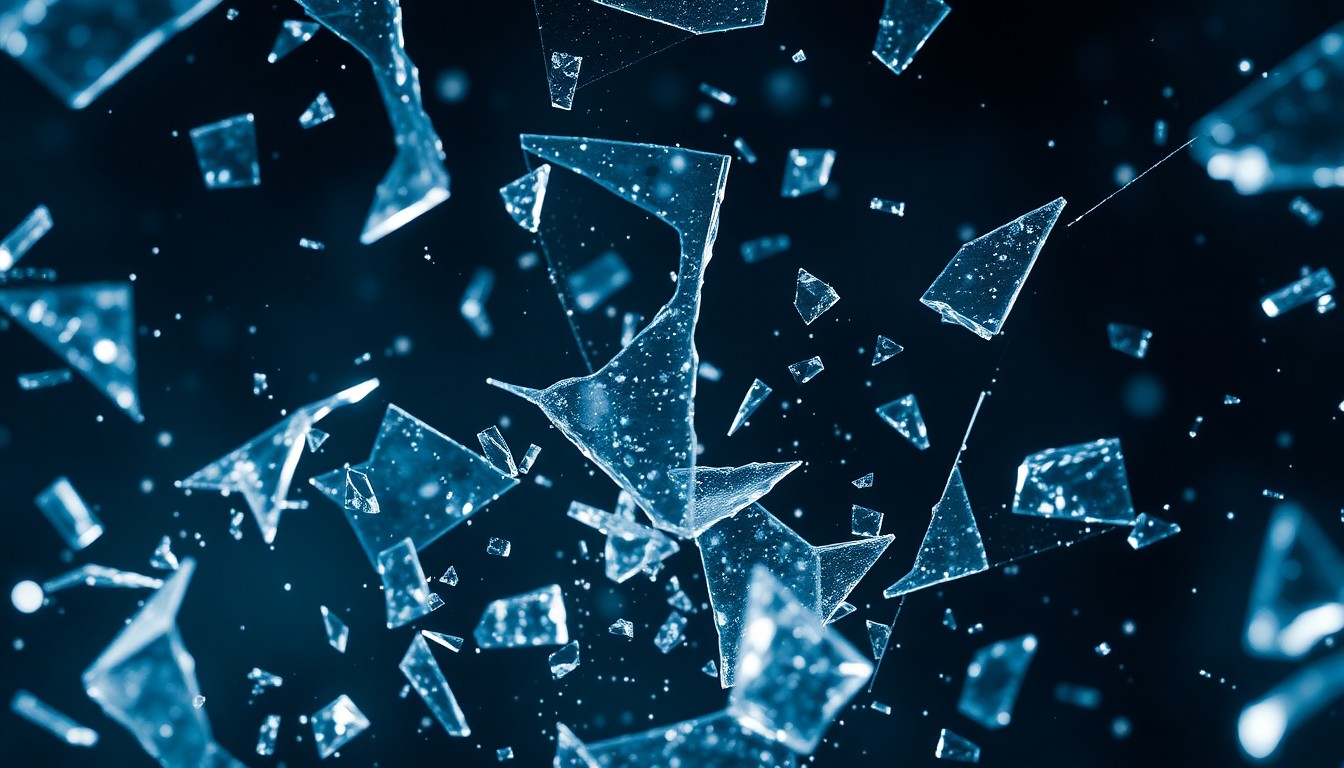 An extreme close-up of shattered glass and glittering shards, capturing the high-stakes, gritty aesthetic of the Defenders superheroes and their world.