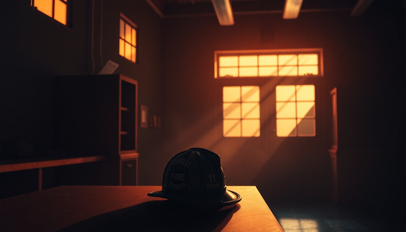 A realistic oil painting of a solitary firefighter's helmet sitting on a desk in a dimly lit, shadowy fire station, with warm diagonal sunlight streaming in through a window, creating a contemplative, cinematic atmosphere.
