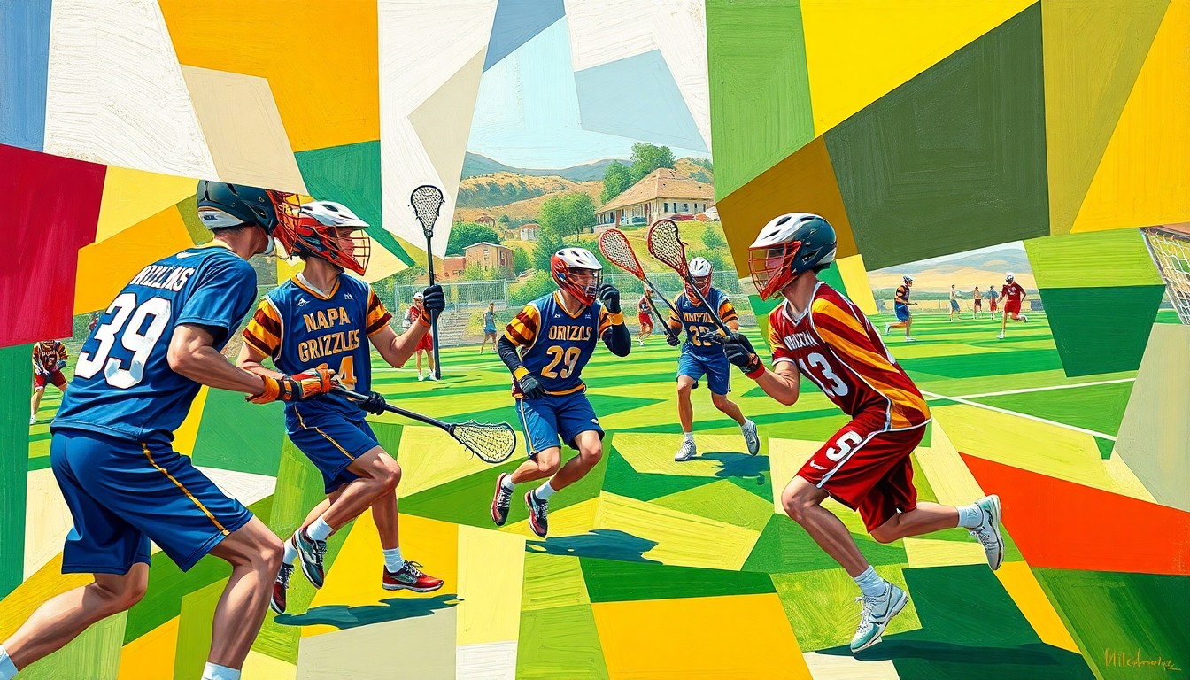 A cubist-style painting featuring overlapping geometric shapes and planes in the colors of the Napa Grizzlies lacrosse uniforms, capturing the dynamic movement and energy of a boys lacrosse game.