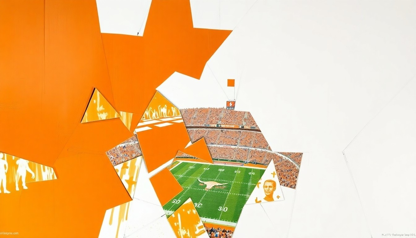 A fractured, multi-perspective painting in a cubist style, breaking down a Texas Longhorns football game into sharp, overlapping geometric shapes in vibrant shades of orange and white, conveying the energy and anticipation of the team's upcoming open practice.