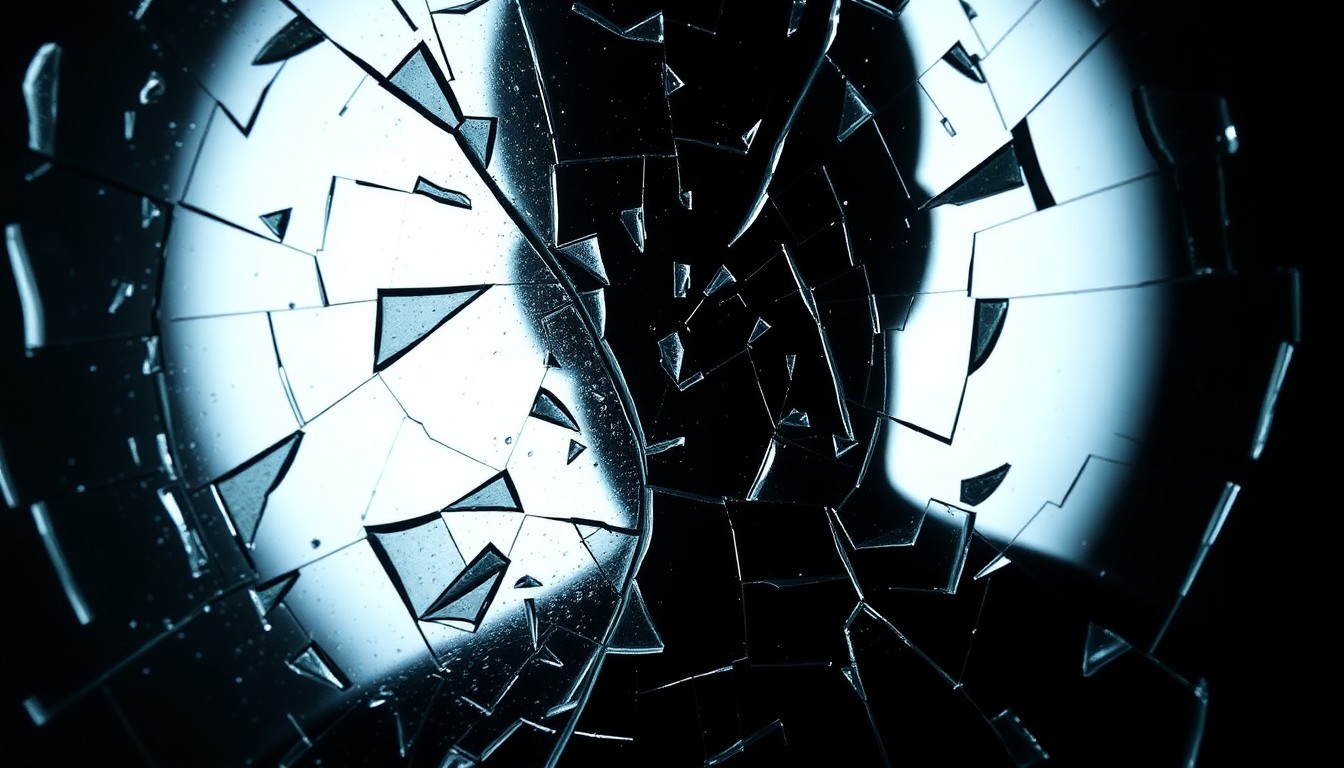 An abstract close-up photograph featuring shattered glass and cracked mirror textures in dramatic, high-contrast lighting, conveying a sense of emotional fragmentation and tension.