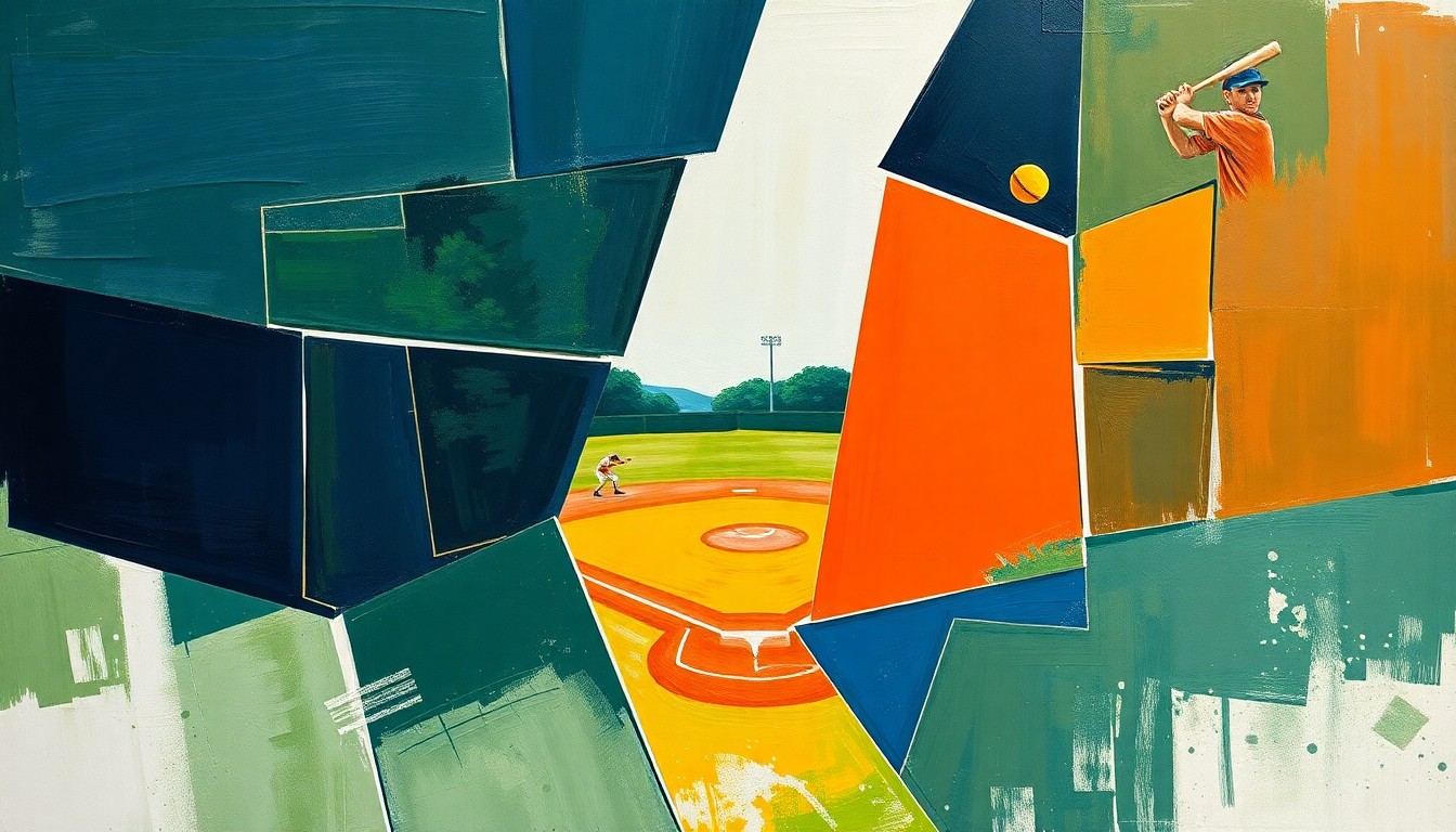 A fractured, multi-perspective painting breaking down a softball game into sharp, overlapping geometric planes in navy blue, forest green, and burnt orange, conceptually representing the defensive errors that plagued the Lady Maroons.