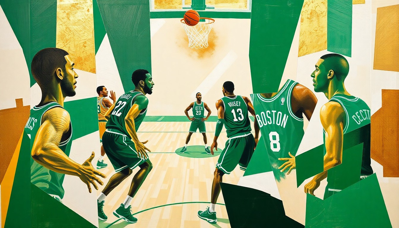 A fractured, cubist-style painting depicting the abstract forms of basketball players in motion, with sharp geometric planes of green, gold, and white representing the energy and dynamics of the game.