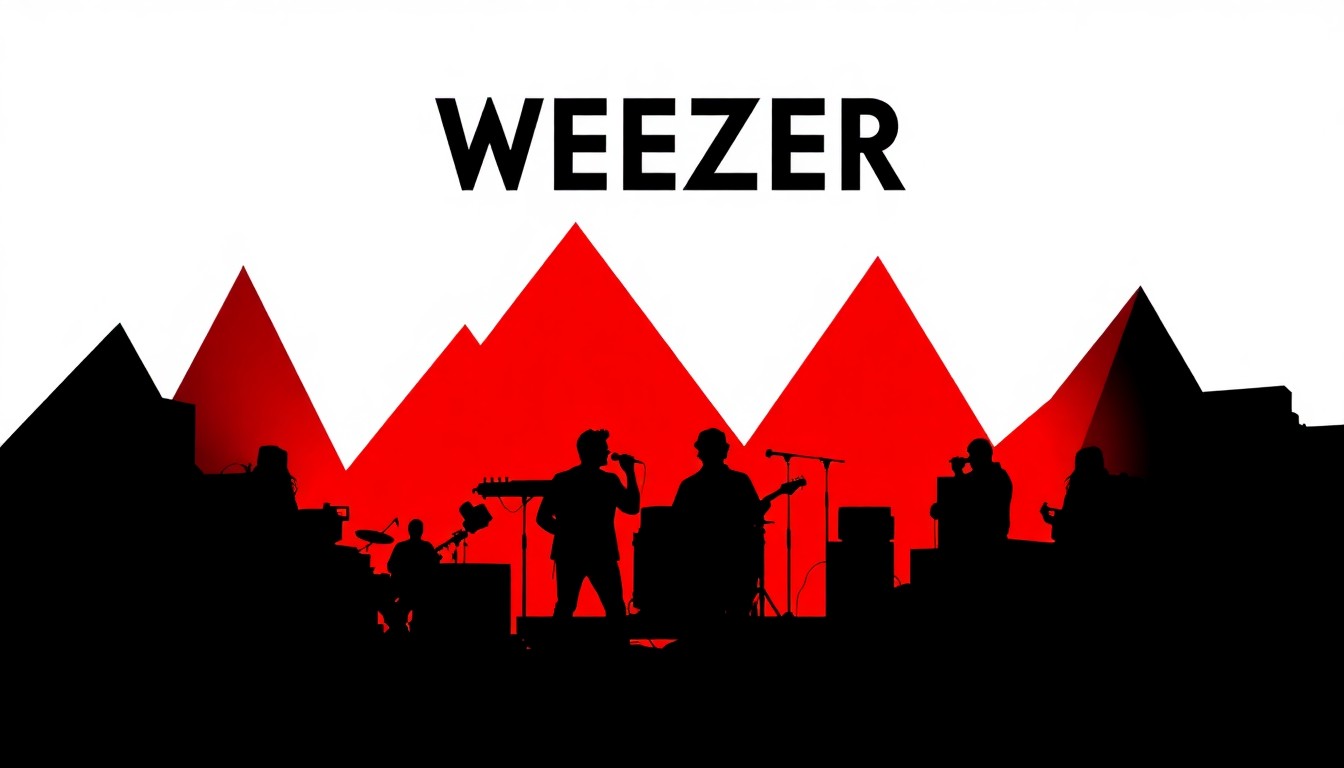 A striking abstract illustration featuring bold geometric shapes and silhouettes in high-contrast red and white, capturing the energy and spirit of a rock concert without depicting any specific people, places or branding.