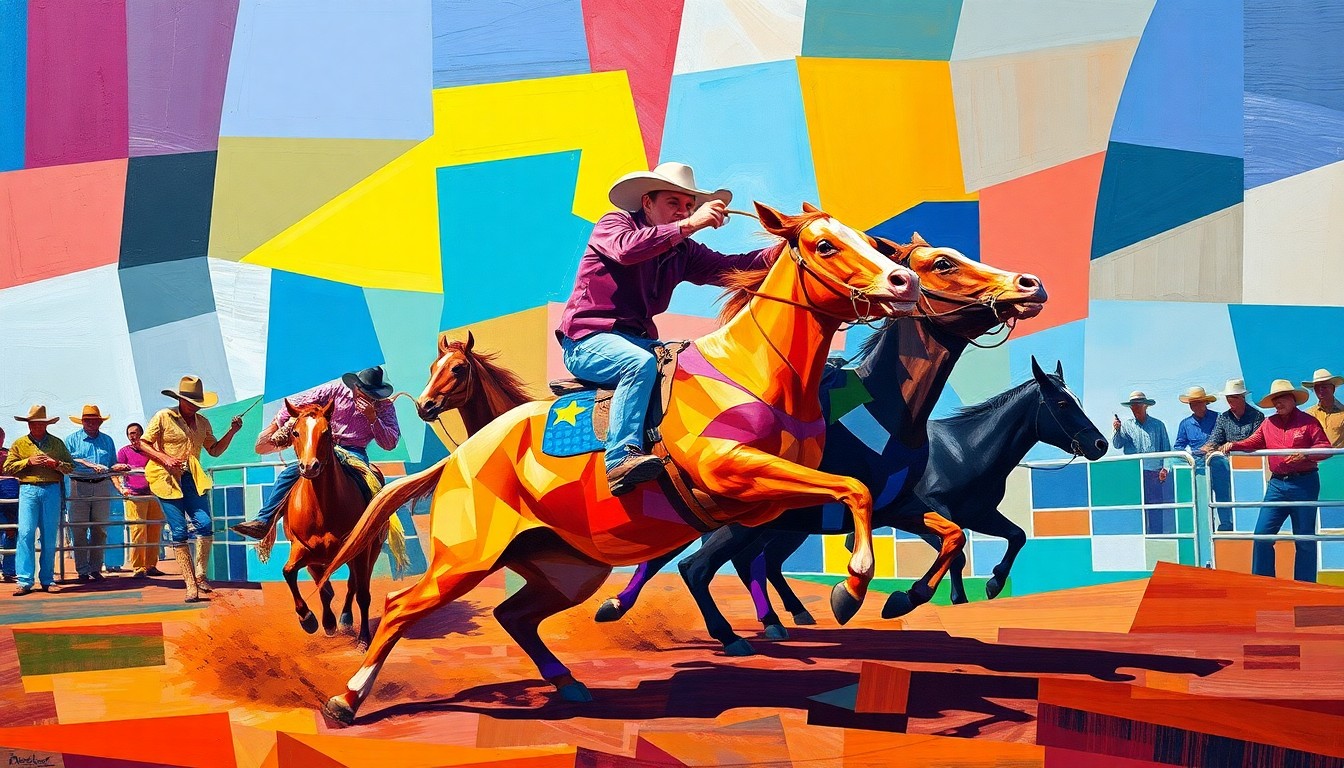 A cubist, geometric painting depicting the dynamic motion and energy of a calf roping competition, with overlapping planes of bright reds, blues, and yellows.