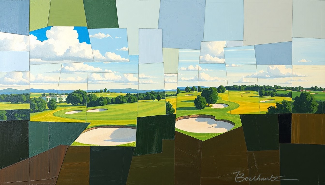 A cubist, geometric painting depicting a fragmented golf course scene, with overlapping shapes and planes of green, brown, and blue hues, conveying the complex emotions surrounding Tiger Woods' absence from the Masters.