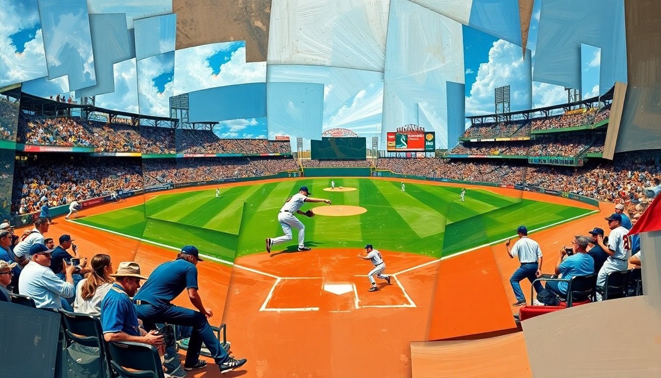 A fragmented, geometric painting depicting a baseball player in motion, with sharp, overlapping shapes and planes representing the long-lasting legacy of José Ramírez's career with the Cleveland Guardians.