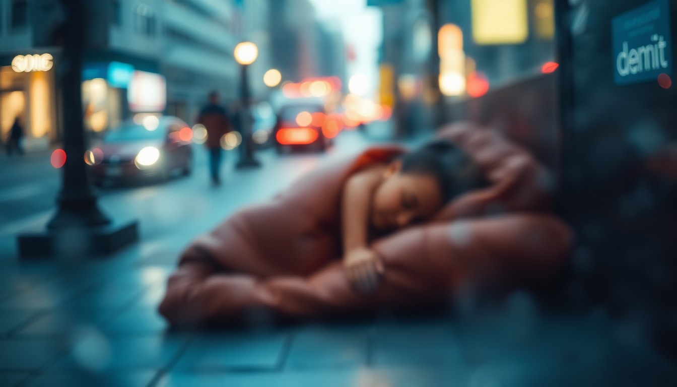 An extremely blurred, out-of-focus photograph showing the faint outline of a person sleeping in a sleeping bag on a city sidewalk, with the surrounding environment reduced to hazy pools of warm color and light, evoking a sense of urban isolation and melancholy.
