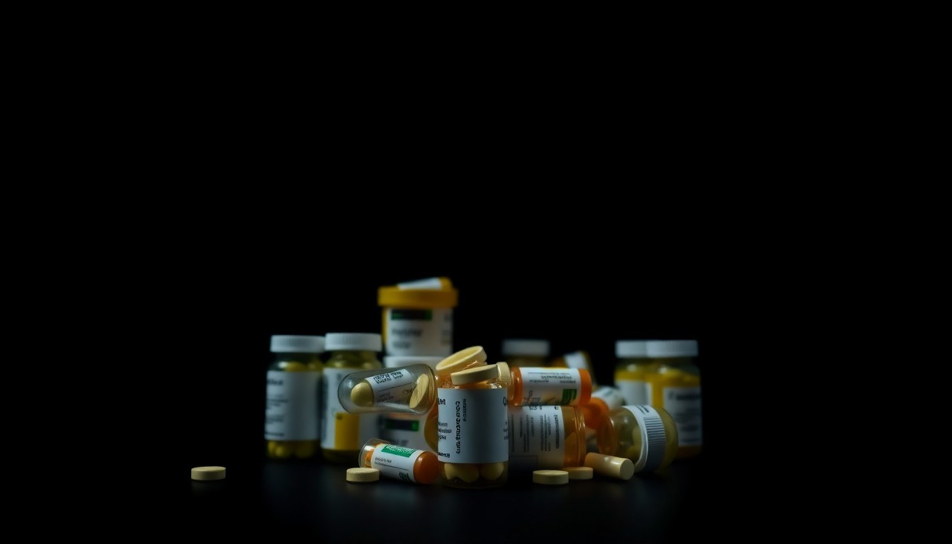 An extreme close-up photograph of a stack of prescription pill bottles against a pitch-black background, lit by a harsh, direct camera flash, conceptually illustrating a health care fraud investigation.