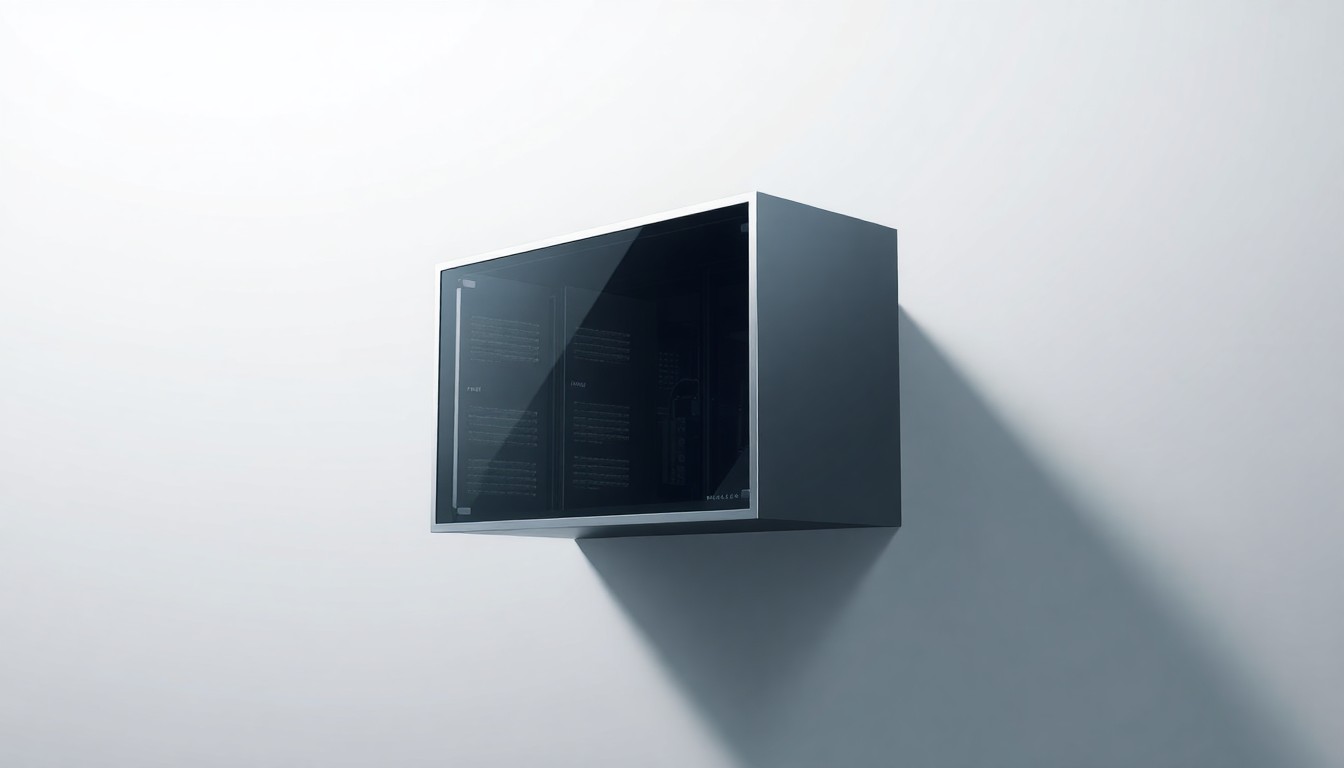 A high-end, photorealistic studio still-life photograph featuring a sleek, modern data server rack made of polished aluminum and tempered glass, floating on a clean, monochromatic background and dramatically lit from the side to highlight the premium materials and precise engineering.