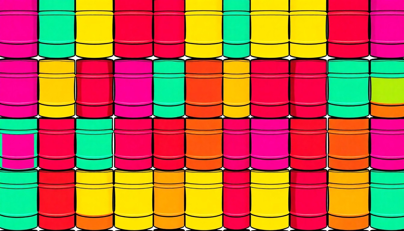 A grid of stylized, neon-colored road construction barrels in a high-contrast, silkscreen pop art style, conceptually representing the upcoming highway work.
