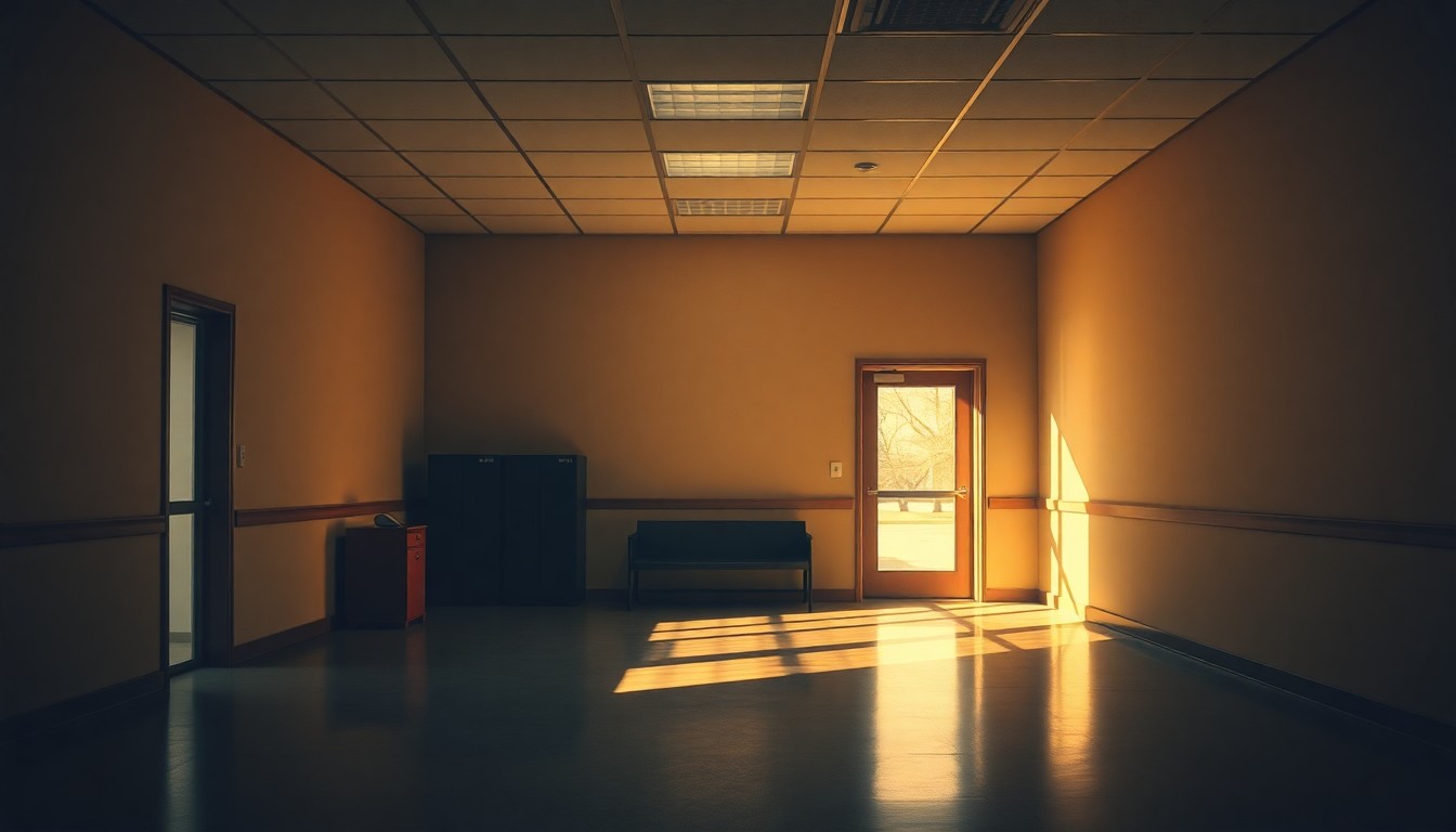 A quiet, cinematic painting of an empty university administrative office space, with warm sunlight streaming in through the windows and deep shadows across the desks and chairs, conveying a sense of solitude and unease.
