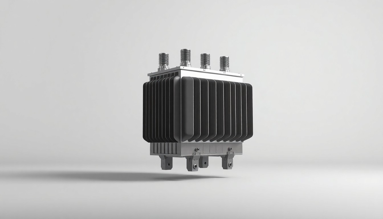 A highly detailed, photorealistic studio photograph of a polished metal electrical transformer or substation component, floating on a clean white background and dramatically lit to create sharp shadows, representing the abstract concept of energy infrastructure and grid modernization.