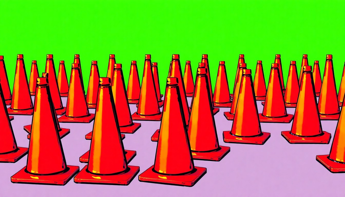 A bold, colorful silkscreen-style illustration featuring a grid of bright orange construction cones, conceptually representing the road construction and detours associated with the Three Oaks Parkway extension project.