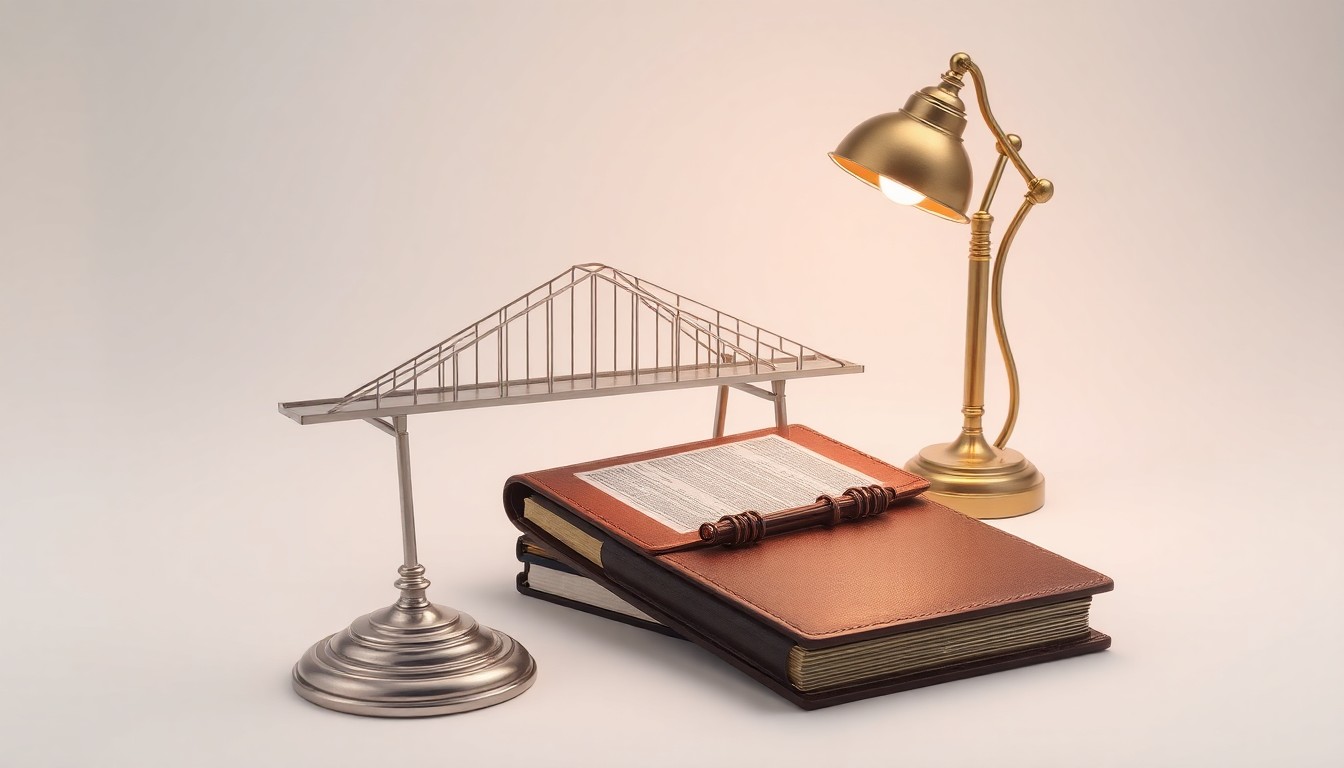 A minimalist studio photograph featuring a polished metal bridge model, a leather-bound ledger, and a brass desk lamp, symbolizing the transition of leadership and the importance of infrastructure management.