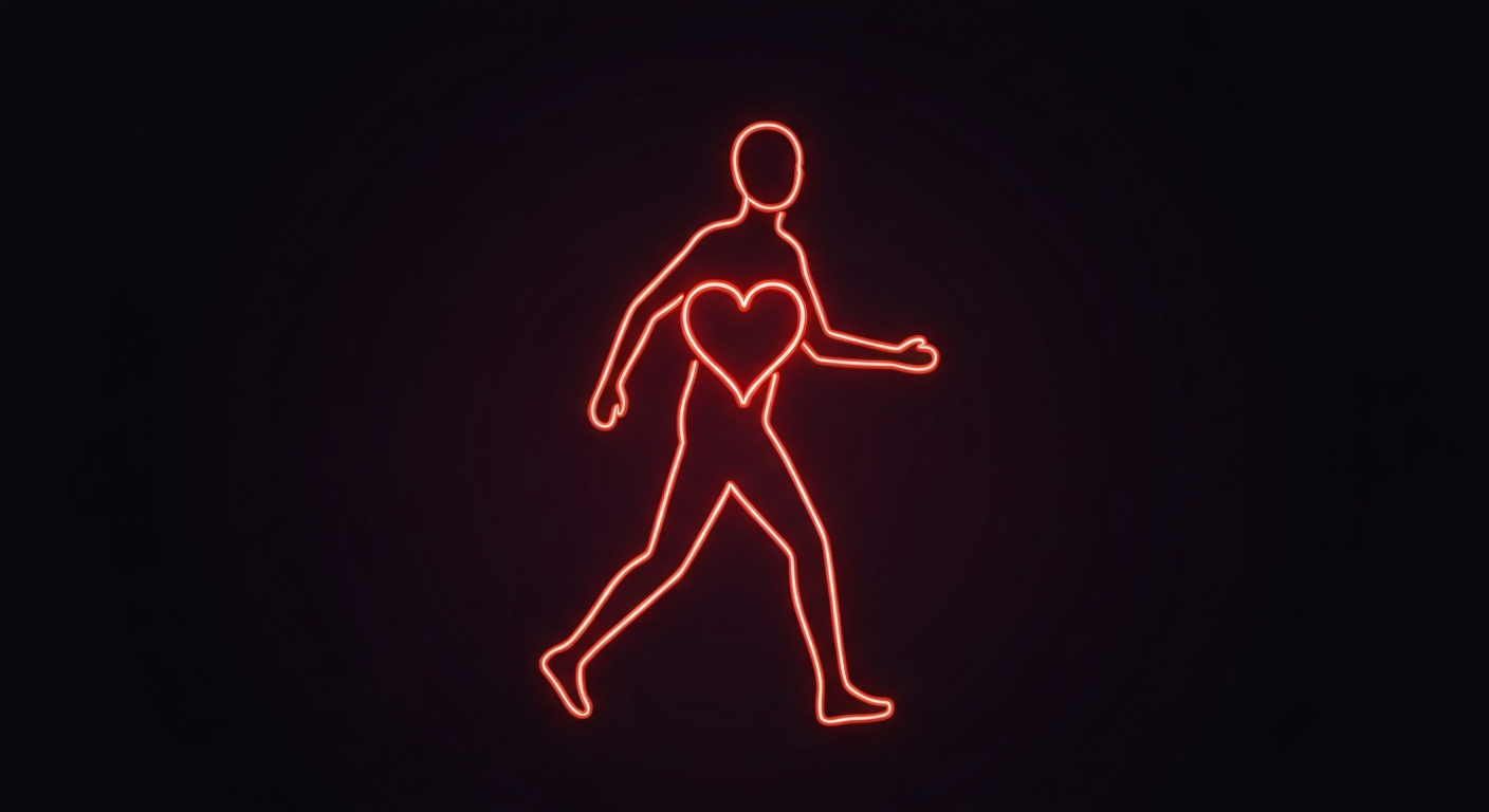 A glowing neon outline of a person walking, with a heart shape at the center, against a dark background, conceptually representing the purpose and spirit of the AIDS Walk event.