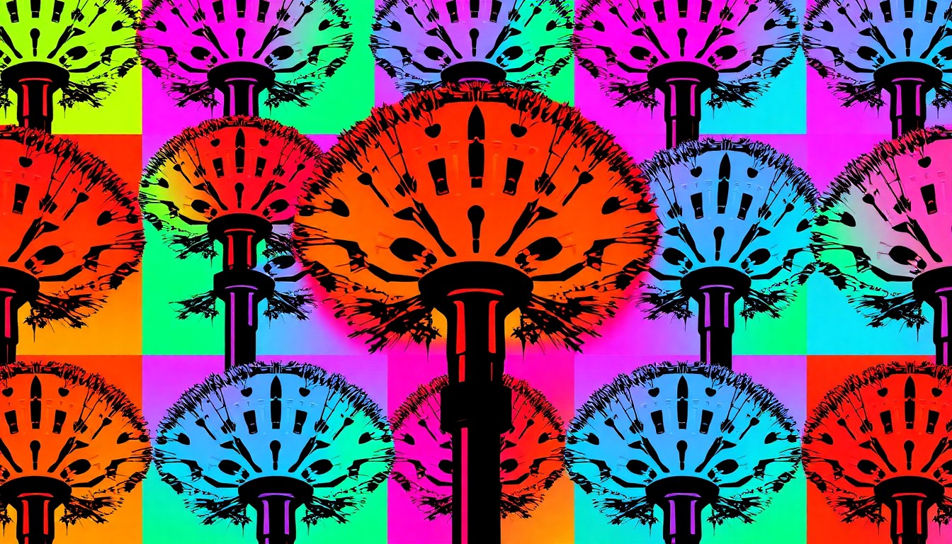 A brightly colored, high-contrast silkscreen print of a single, iconic sprinkler head repeated in a tight grid pattern, utilizing flat, vibrant, and unnatural neon color palettes overlapping with heavy black photographic outlines to turn an everyday lawn care object into modern pop art.