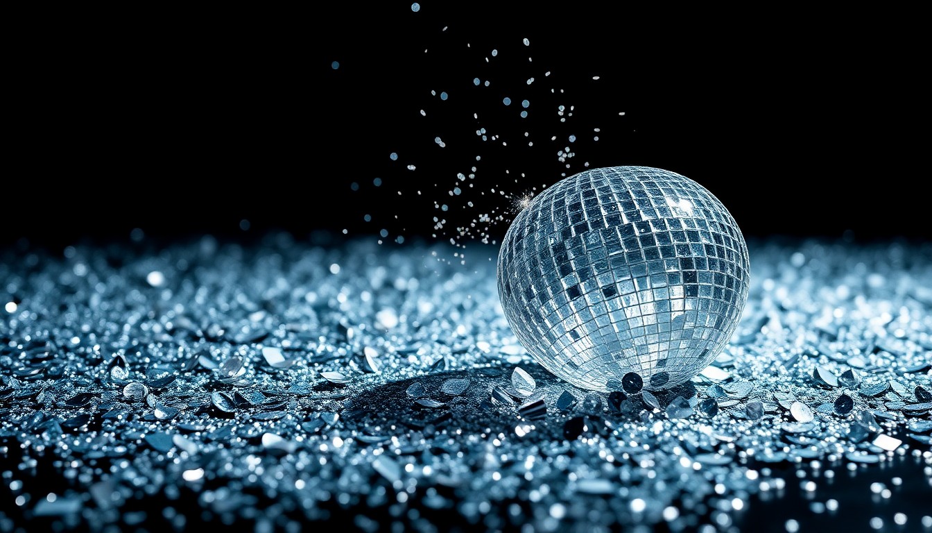 An abstract close-up image of shimmering sequins and shattered glass, capturing the high-glamour aesthetic associated with celebrity culture.