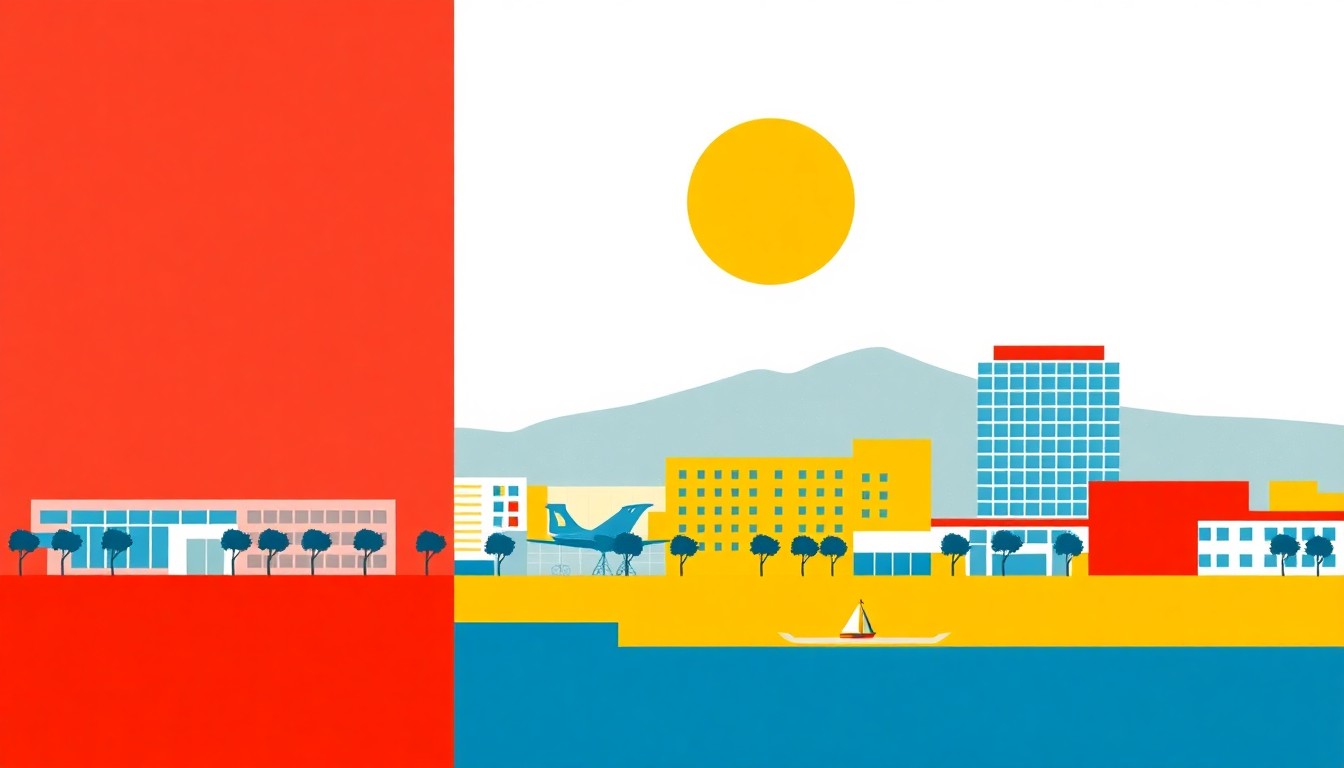 A dynamic composition of overlapping triangles and rectangles in shades of blue, green, and orange, conceptually representing the economic growth and development of the city of Oceanside.