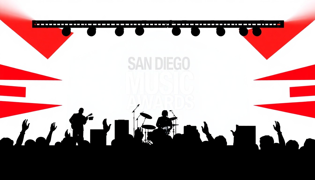 A bold, abstract composition of jagged, geometric shapes in striking red and white, conceptually representing the energy and excitement of a live music performance.