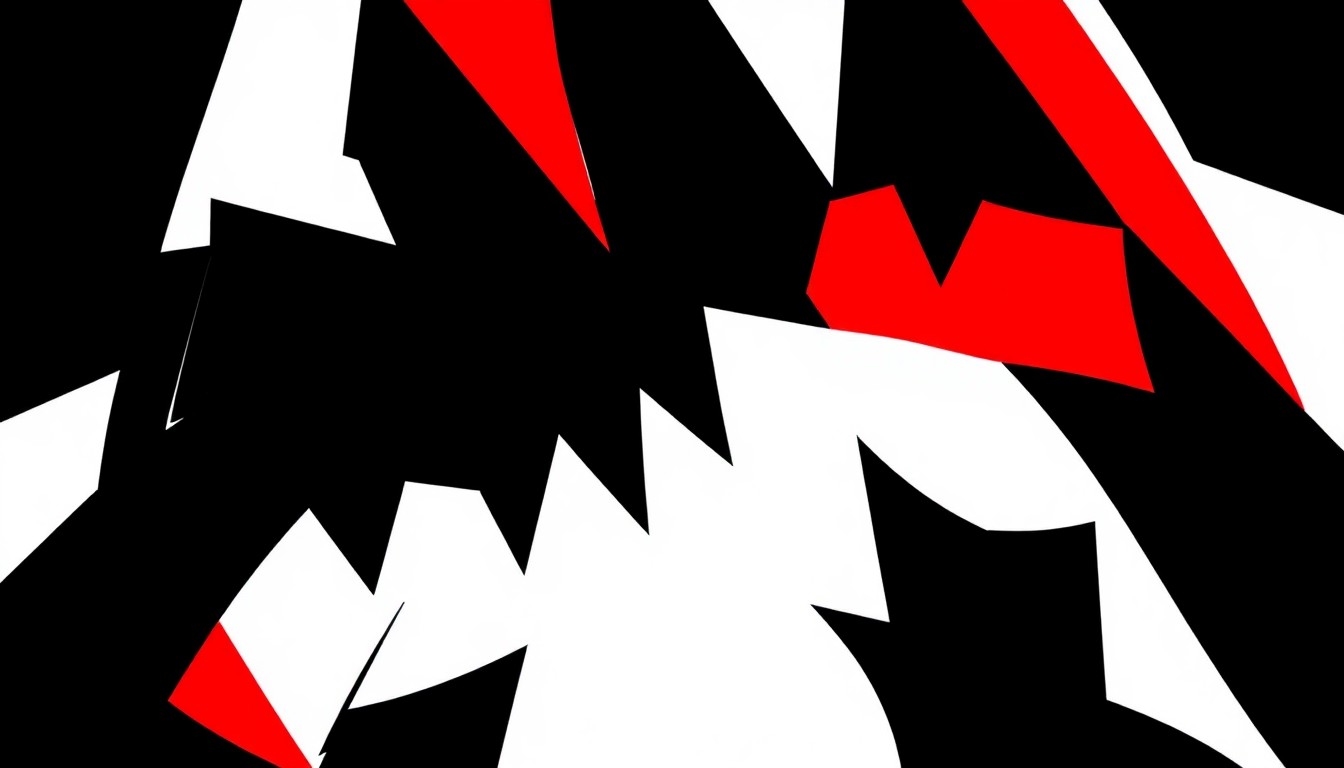 An abstract, minimalist illustration featuring bold, jagged shapes in black, white, and bright red, capturing the energy and spectacle of a participatory drag performance.