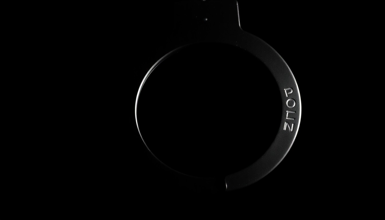 An extreme close-up photograph of a police badge or handcuff, lit by a harsh, direct camera flash against a pitch-black background, creating a stark, gritty, and investigative aesthetic.