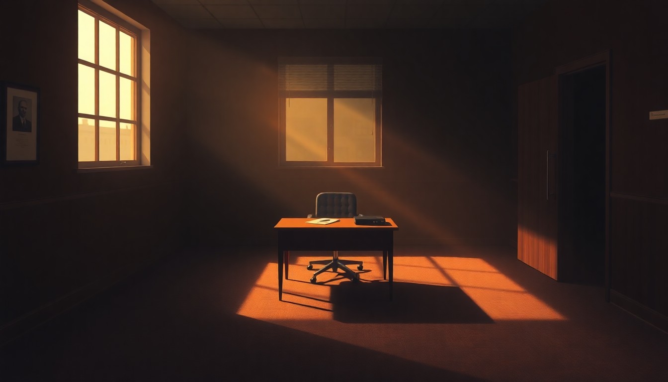 A dimly lit, cinematic painting of a simple government office desk bathed in warm, diagonal sunlight and deep shadows, conveying a sense of quiet contemplation around the political decisions being made.