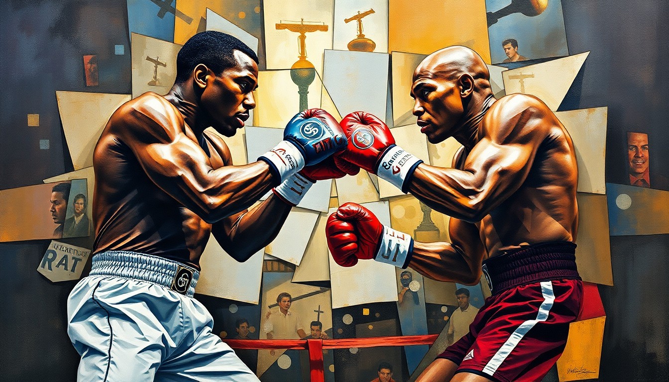 A cubist-style painting featuring fragmented, geometric shapes and planes in shades of blue, red, and yellow, capturing the dynamic movement and energy of a boxing match between two fighters.