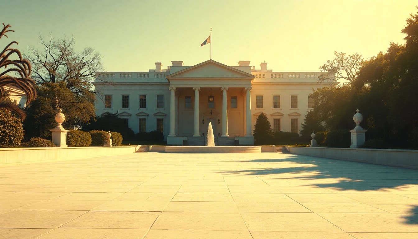 A serene, cinematic painting of the empty White House Rose Garden, now covered in a stark white stone surface, with warm sunlight and deep shadows creating a contemplative mood.