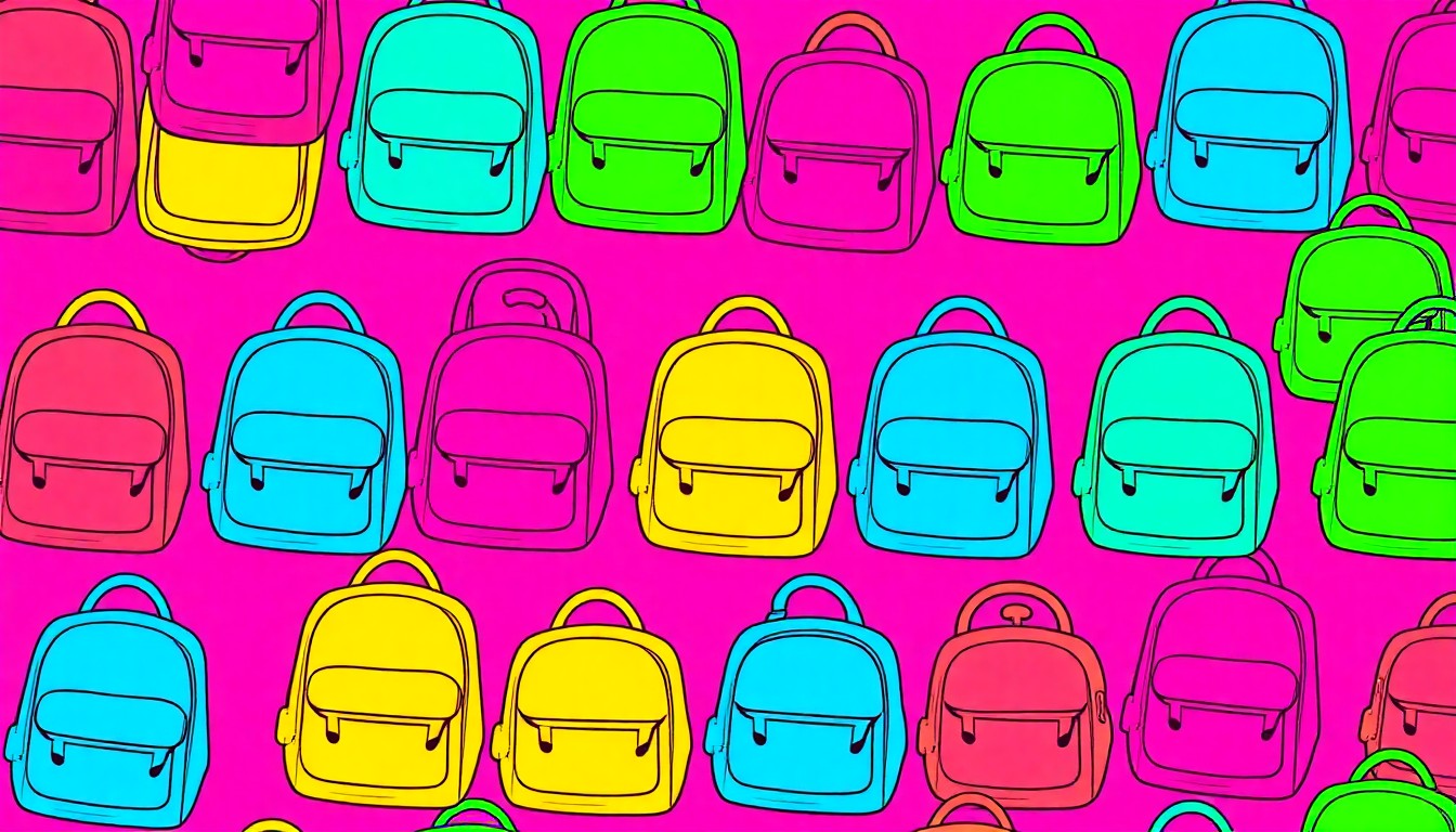 A highly stylized, abstract illustration of a backpack icon repeated in a grid pattern, using bold, vibrant colors and heavy outlines to create a modern pop art aesthetic that conceptually represents the donation of essential school supplies to local students.
