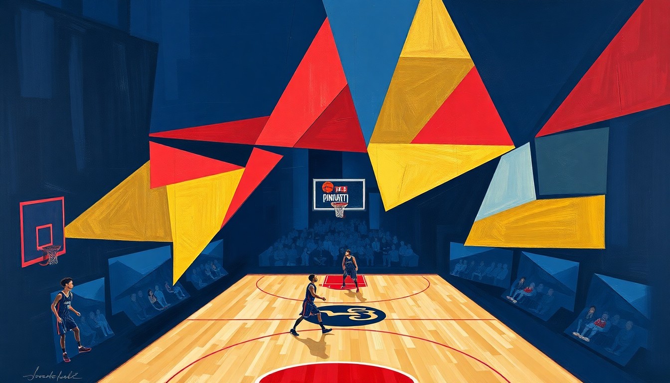 A cubist, geometric painting depicting a fragmented WNBA basketball game, with sharp, overlapping planes of navy blue, red, and gold, conveying the conceptual shift of the Connecticut Sun's move from the East Coast to Houston.