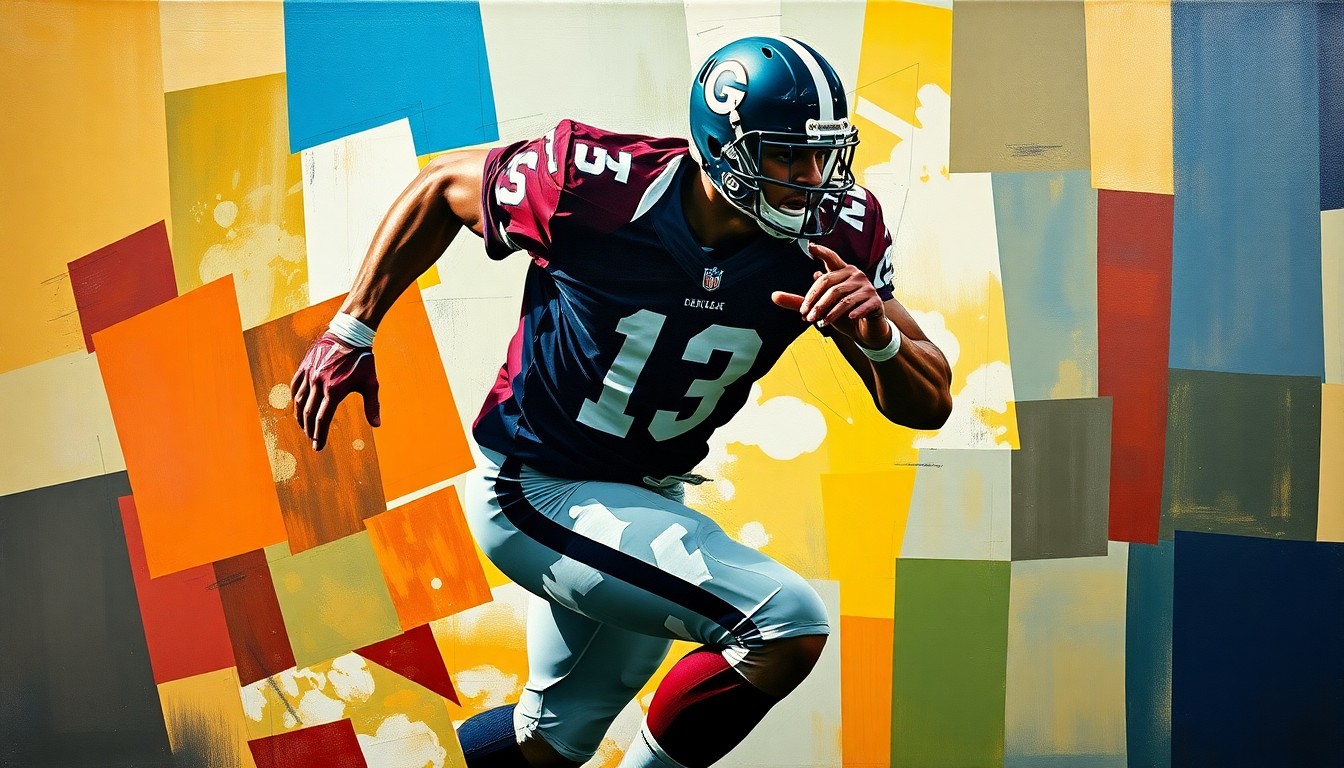 A fractured, cubist-style painting depicting the dynamic motion of a football player, with sharp geometric planes and an abstract, indistinct representation of the player's features and uniform.