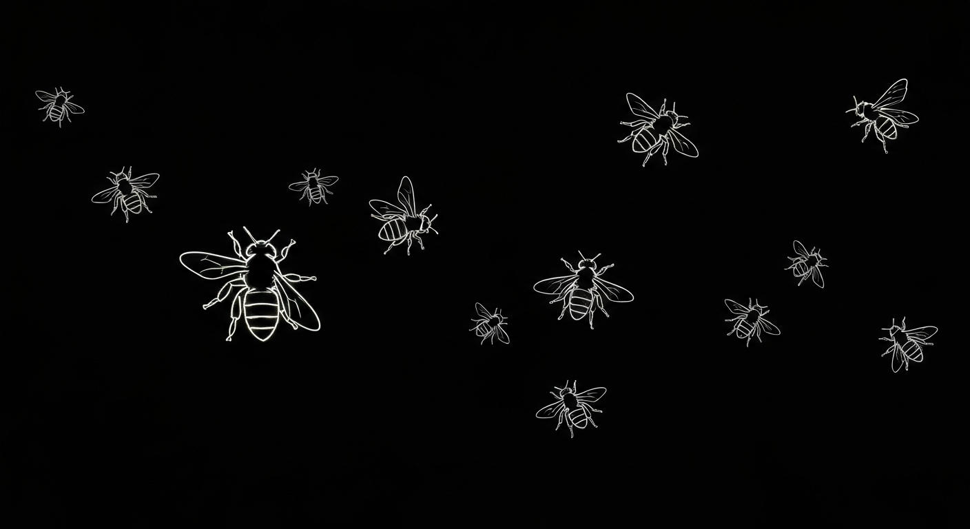 A vibrant, minimalist illustration depicting a swarm of bees defined by glowing neon lines against a dark background, conveying the urgent energy and risk of an early bee season in Phoenix.