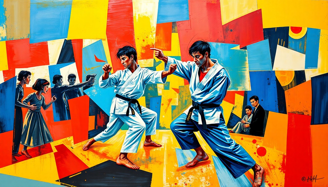 A fragmented, cubist-style painting depicting a karate match or competition, with sharp, overlapping geometric shapes in vibrant colors like deep blues, fiery reds, and bright yellows, conveying the dynamic energy and competitive spirit of the event.
