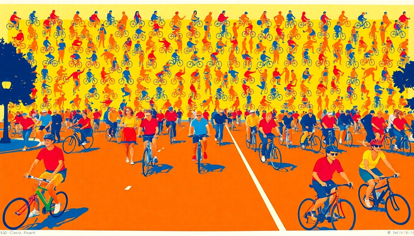 A vibrant, high-contrast silkscreen illustration depicting a repeating grid of cyclists, pedestrians, and other non-motorized modes of transportation, capturing the energy and community focus of the Cyclovia festival in Tucson.